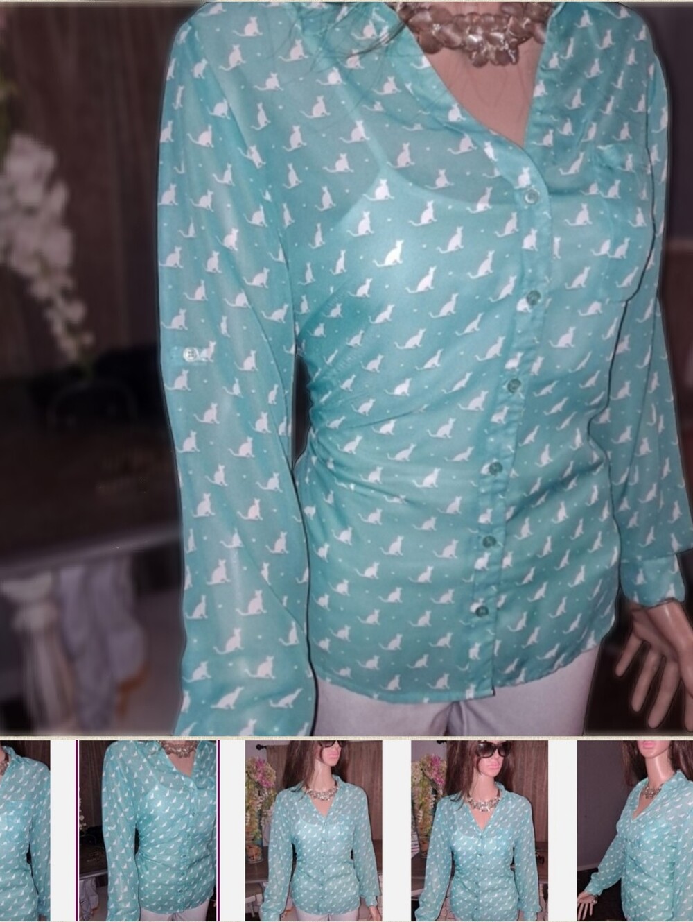 White Cat 🐱 Print Teal Blouse - Picture 6 of 6